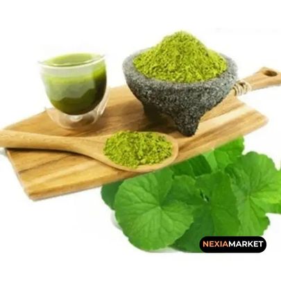 Centella asiática con hojas frescas y utensilios de preparación, utilizado como ingrediente antioxidante en productos para el cuidado de la piel