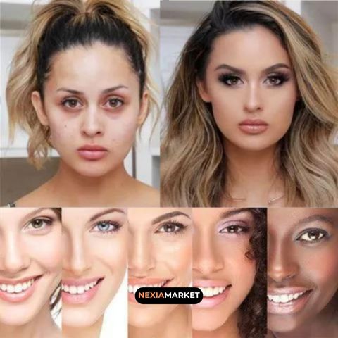 Comparación de una mujer antes y después de aplicar maquillaje profesional, destacando un acabado impecable y transformación visual